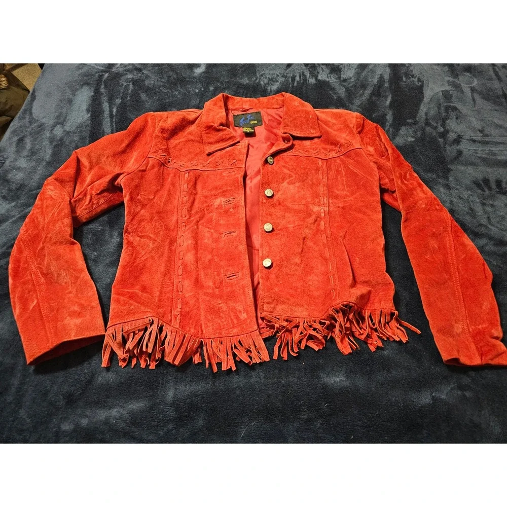 JouJou Skins Red Suede Leather Fringe Jacket and Matching Bag Set Womens Medium